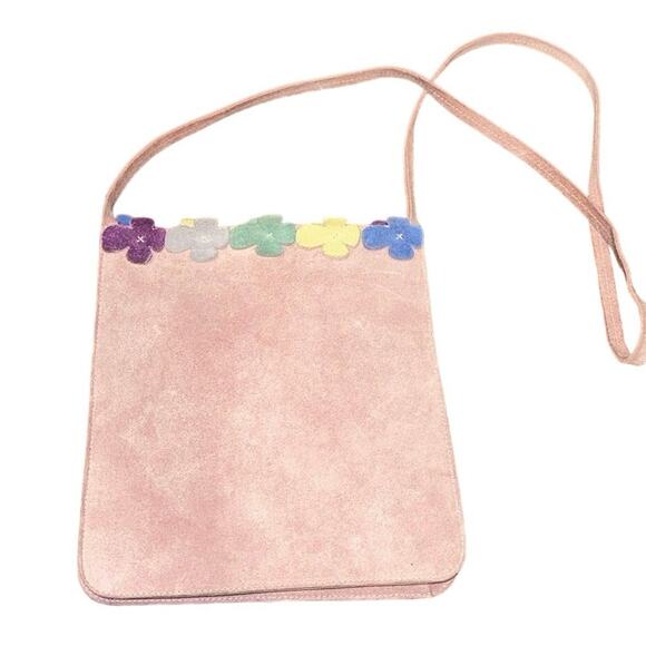 Furla Dusty Rose Suede Leather Handbag Multicolor Flower Petal Embellishments - Picture 1 of 9